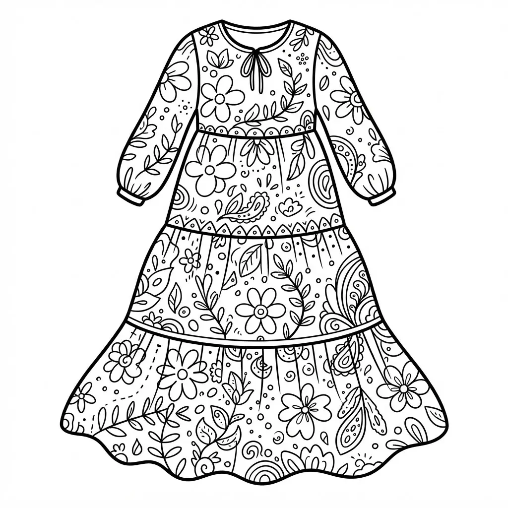 Bohemian maxi dress with floral panels, long sleeves, and a flowing hem shown in clean black outline art.