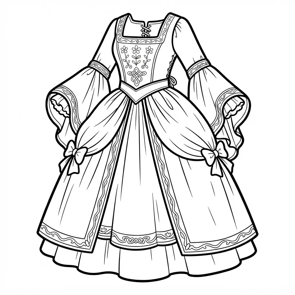 Renaissance era gown with wide sleeves, a square neckline, and layered fabric details shown in printable dress coloring pages art.