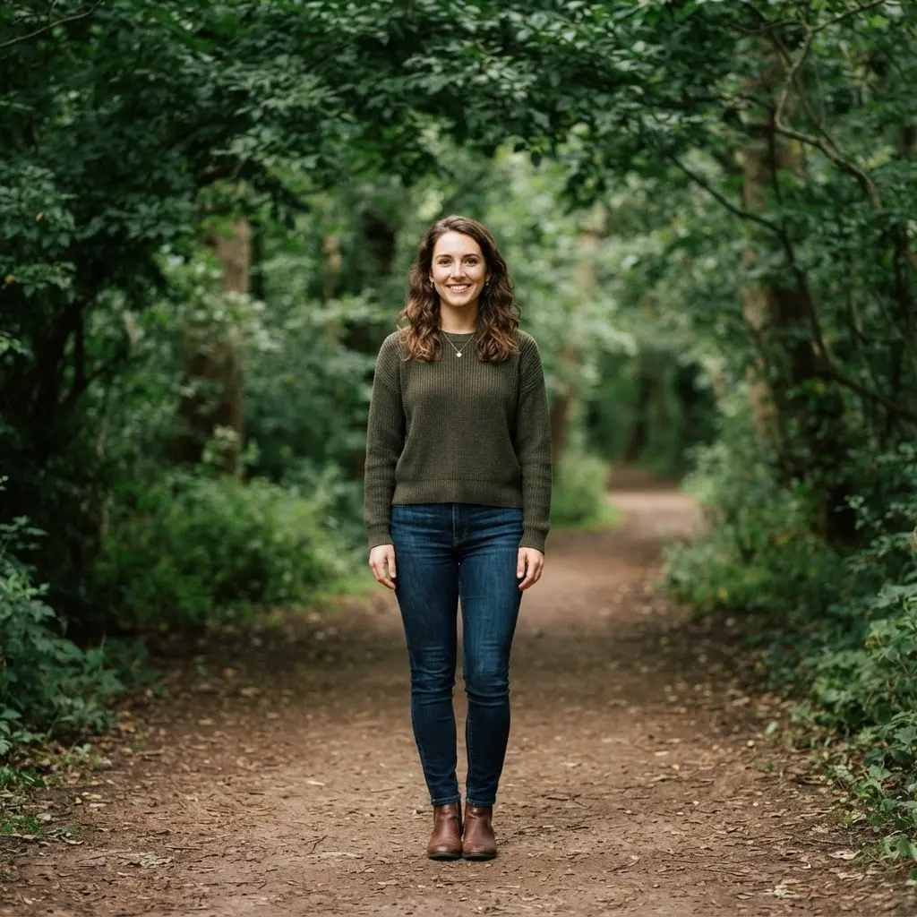Person standing on a quiet path beneath trees in an outdoor lifestyle portrait with clear facial focus.