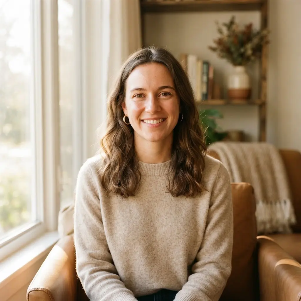 Person seated near a window in a cozy indoor portrait, with warm furnishings and a clear face.