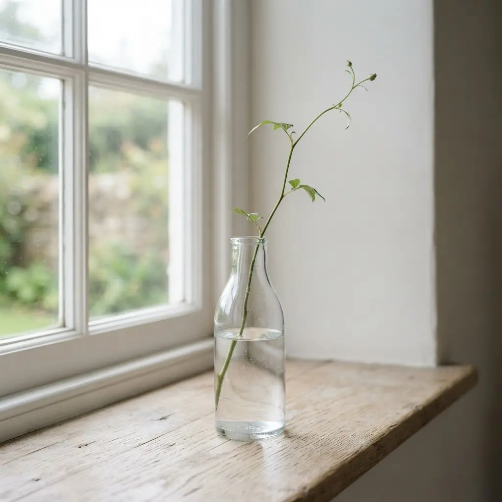 Glass vase and sparse stems beside a bright window, styled for flower vase photography ideas.