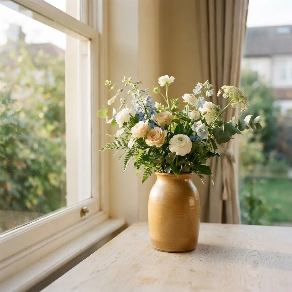 Sunlit flower vase beside a window with warm highlights, long shadows, and a simple tabletop.