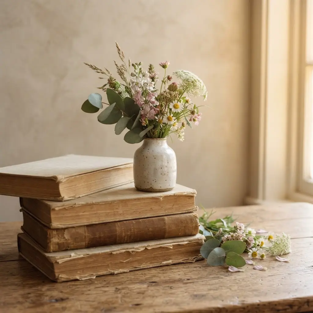 Small flower vase placed on stacked books beside loose botanical stems and a neutral wall.