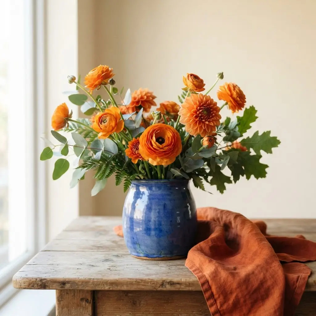 Orange flowers and a blue vase arranged with matching fabric and balanced side lighting.