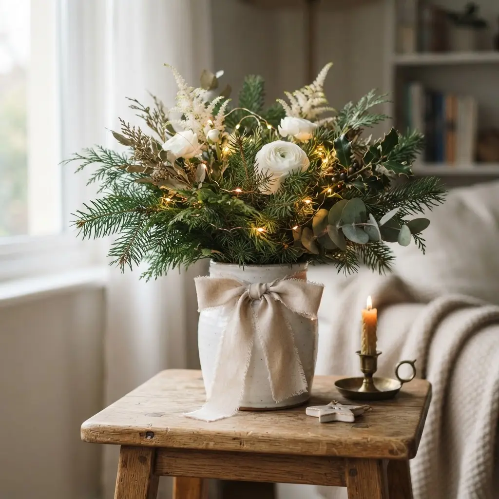 Holiday flower vase with evergreen sprigs, warm lights, ribbon, and a small decorated tabletop.