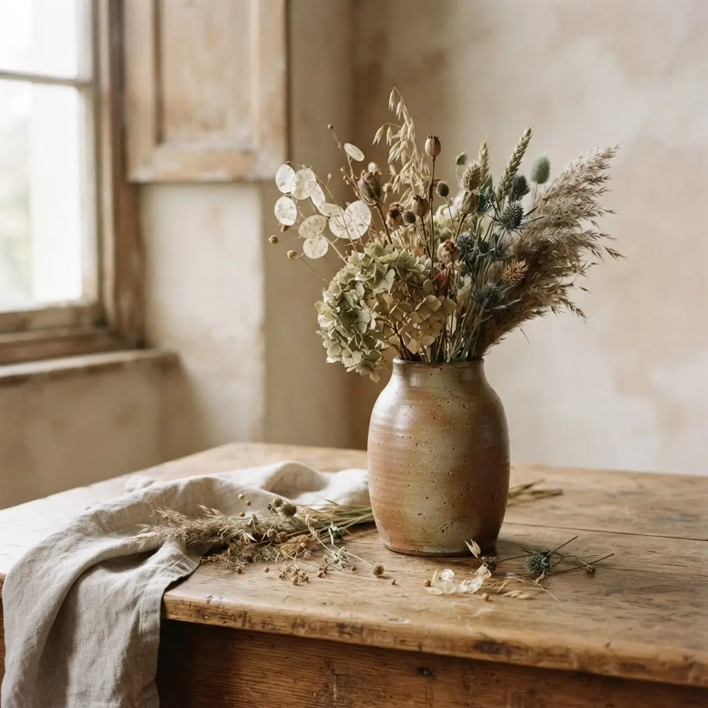 Rustic ceramic vase with dried stems, linen, and warm earthy props on a wooden table.