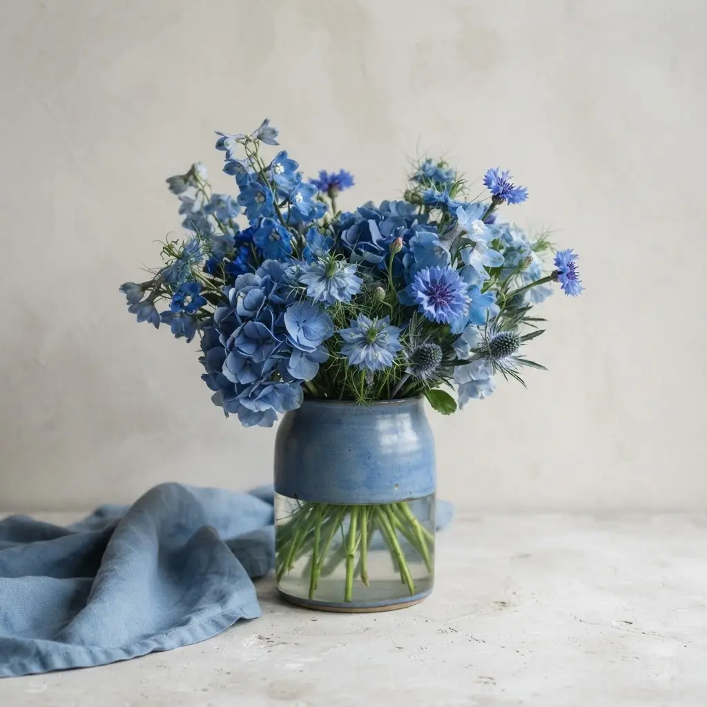Blue flowers and a blue vase arranged with tonal fabric for flower vase photography ideas.