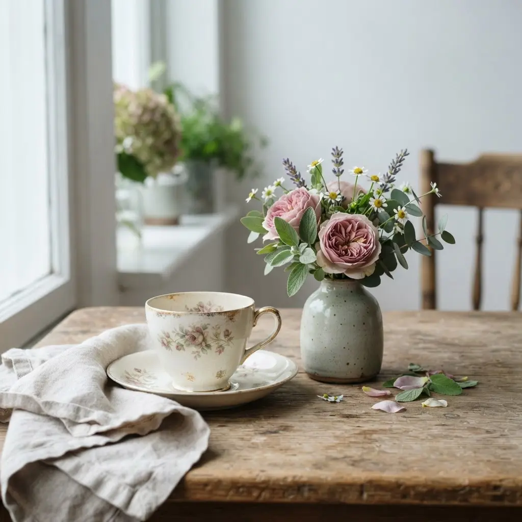 Vintage teacup, small flower vase, folded napkin, and blossoms arranged for flower vase photography ideas.