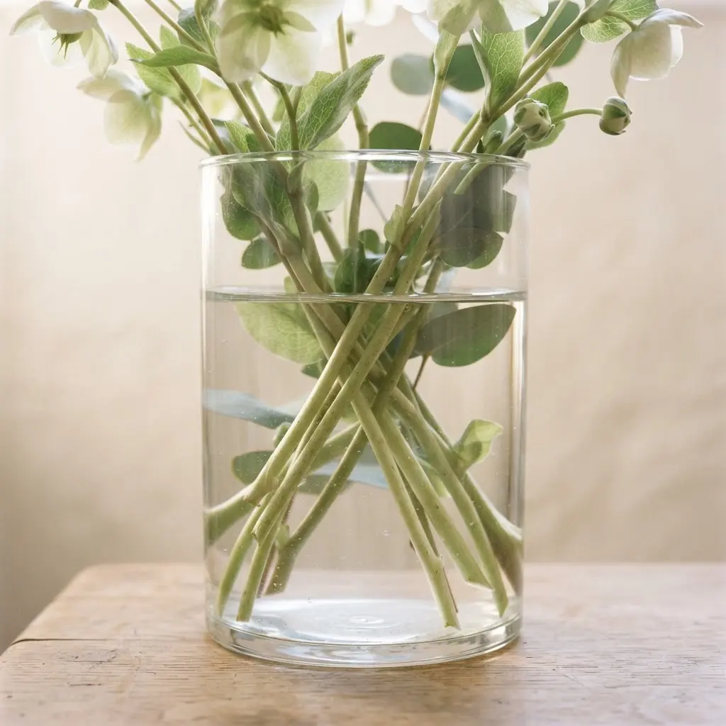 Backlit translucent stems and leaves inside a clear vase, with fine veins visible against pale light.