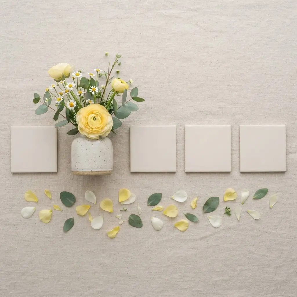 Top-down view of a vase, flowers, leaves, and square props forming a clean geometric layout for flower vase photography ideas.