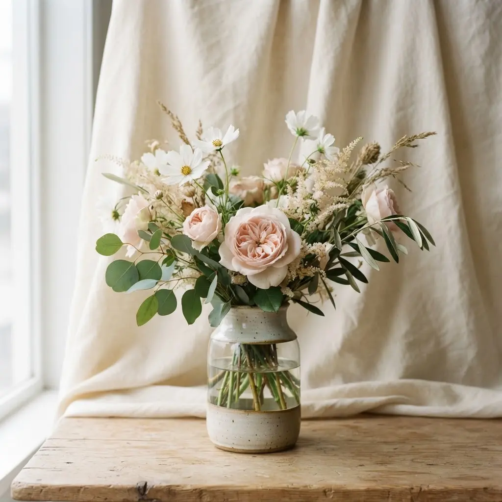 Cream fabric draped behind a flower vase with loose stems, arranged for flower vase photography ideas.