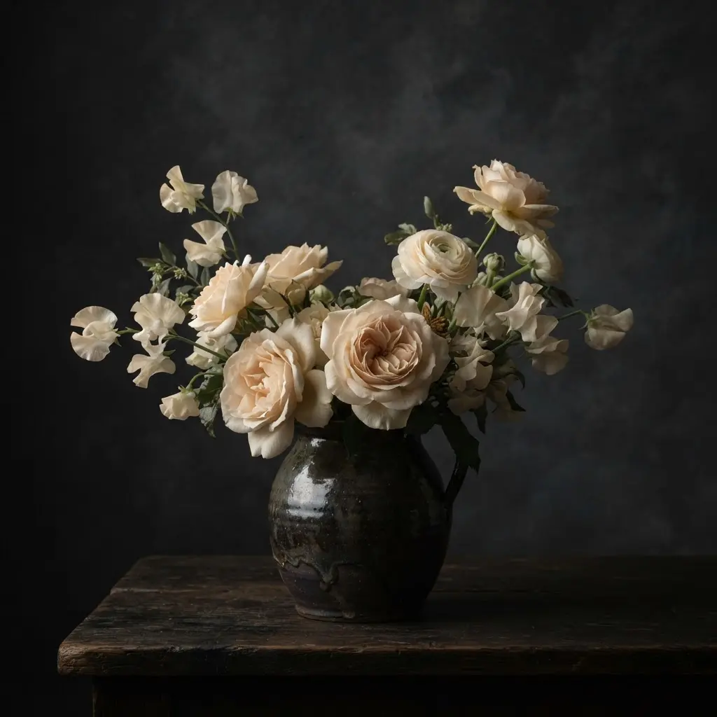 Dark vase with pale flowers lit from one side against a deep charcoal background.