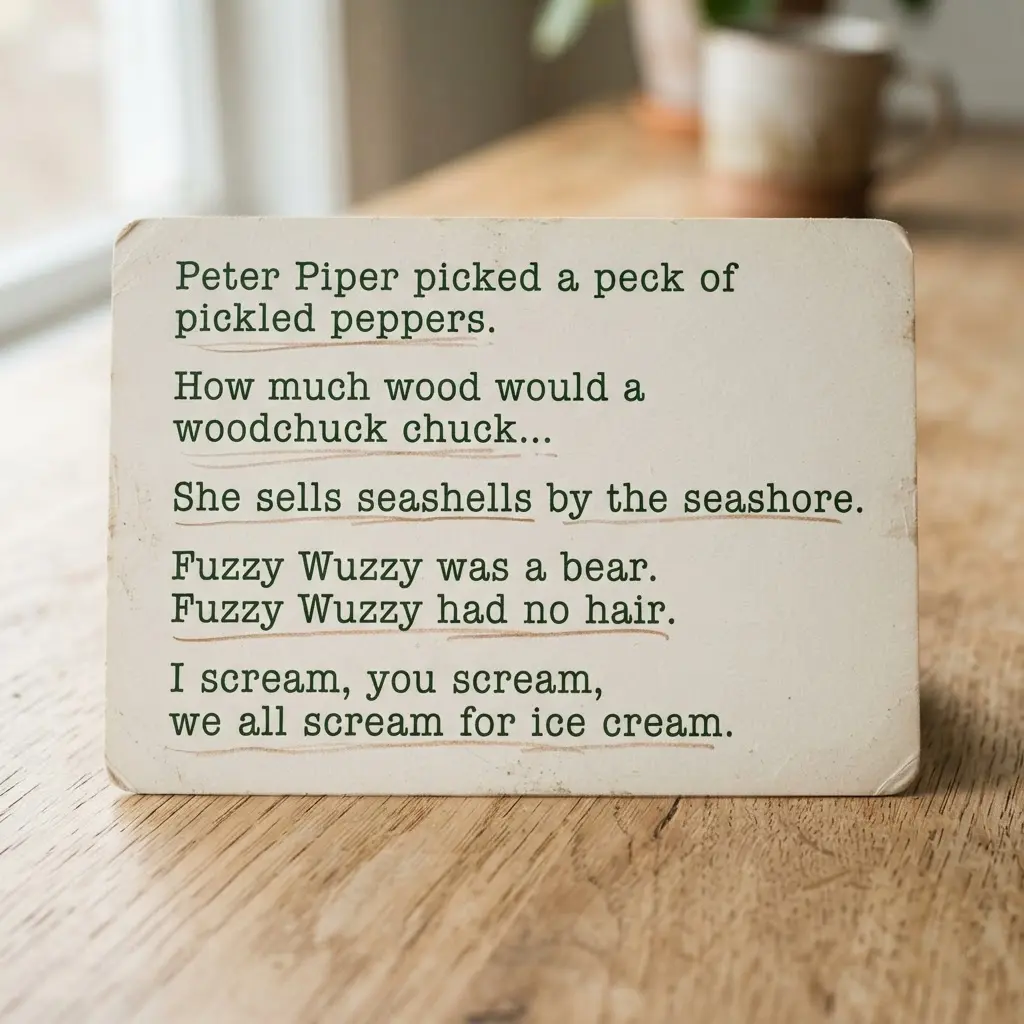 Printed card showing Peter Piper words beside a student reading aloud, for Funny Tongue Twisters in English for Students.