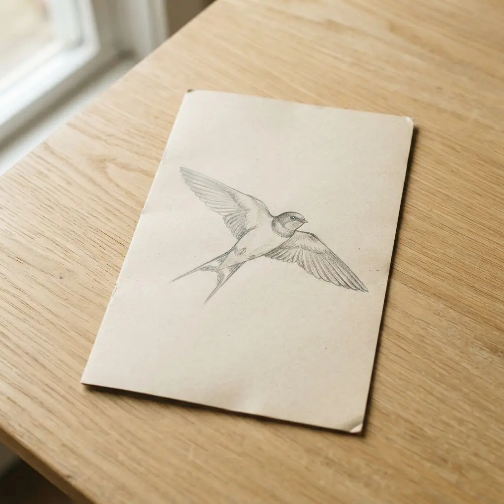 Specific Swallows phrase printed on a reading card beside a lined student notebook.