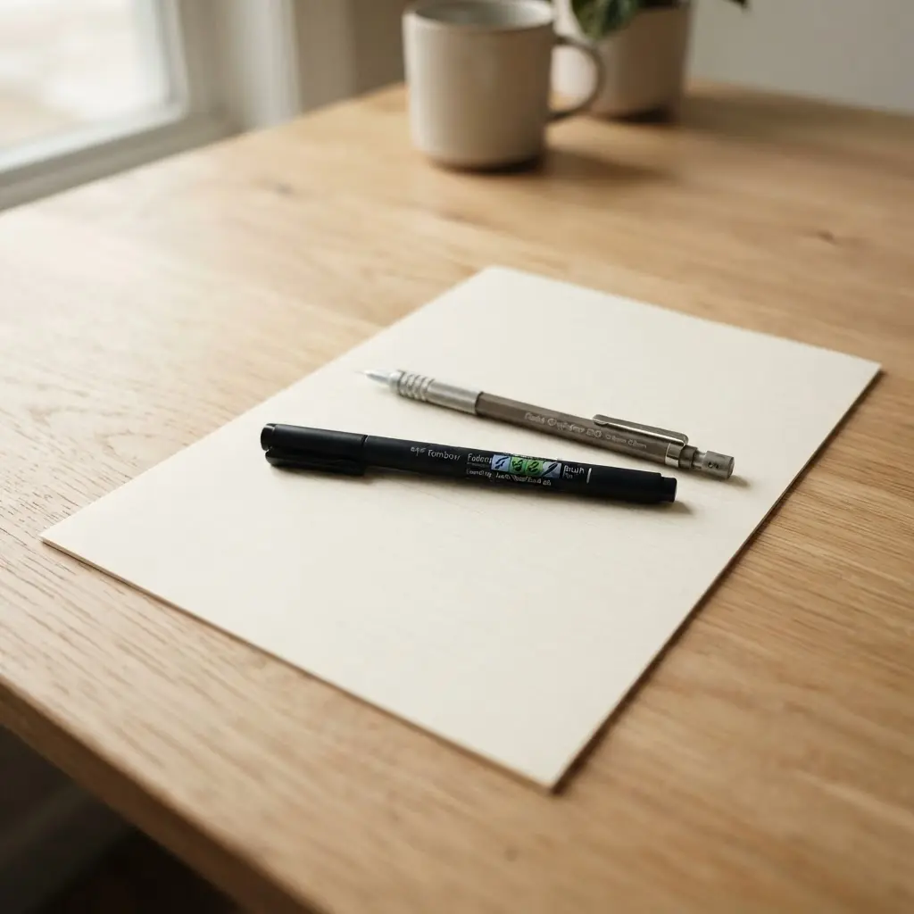 A brush pen, mechanical pencil, and sheet of practice paper arranged neatly on a light wood surface.