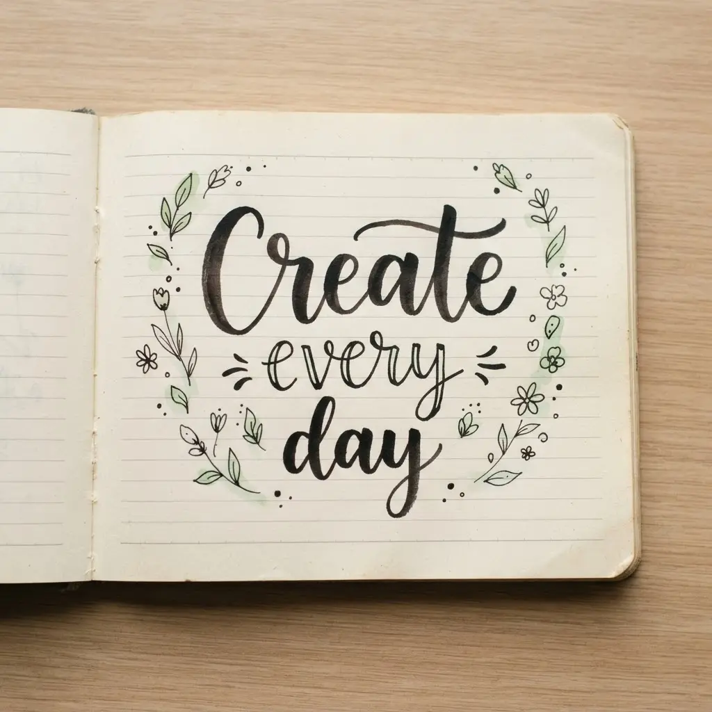 A hand-lettered quote reading 'Create every day' with small floral doodles in the margins.