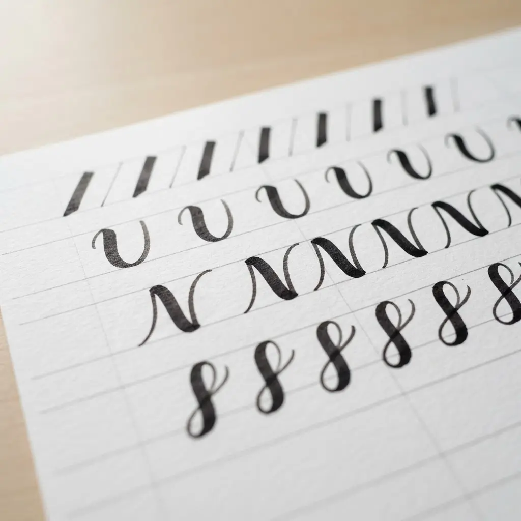 Hand lettering for beginners showing thin upstrokes and thick downstrokes in smooth black ink on white paper.