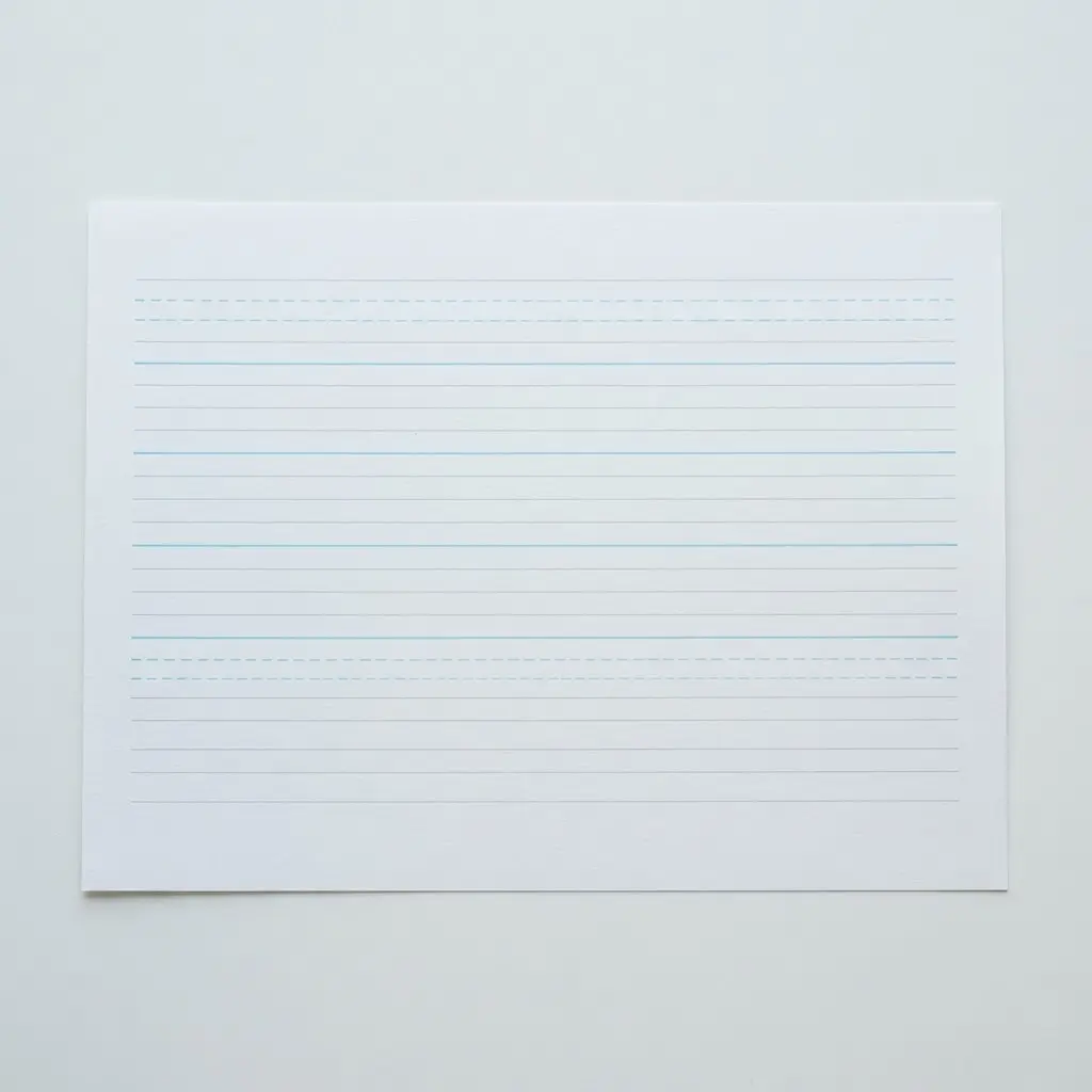 Lined practice sheet with labeled zones for ascenders, x-height, and descenders in blue pencil.