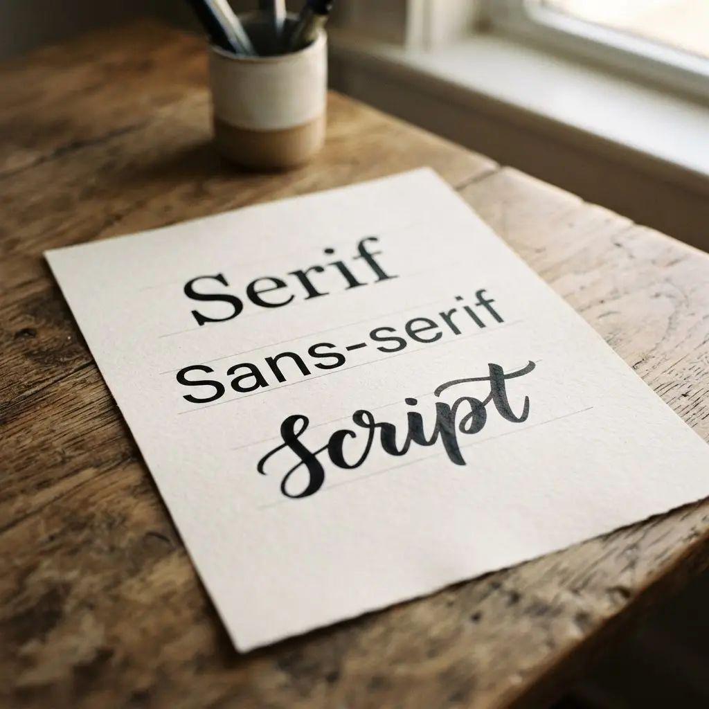 Three sample words written in serif, sans-serif, and script styles using black ink on white paper.