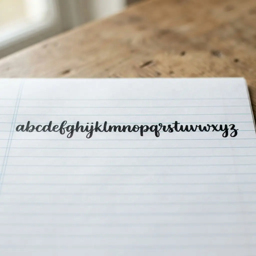 A full row of lowercase letters in a consistent modern hand lettering style on ruled paper.