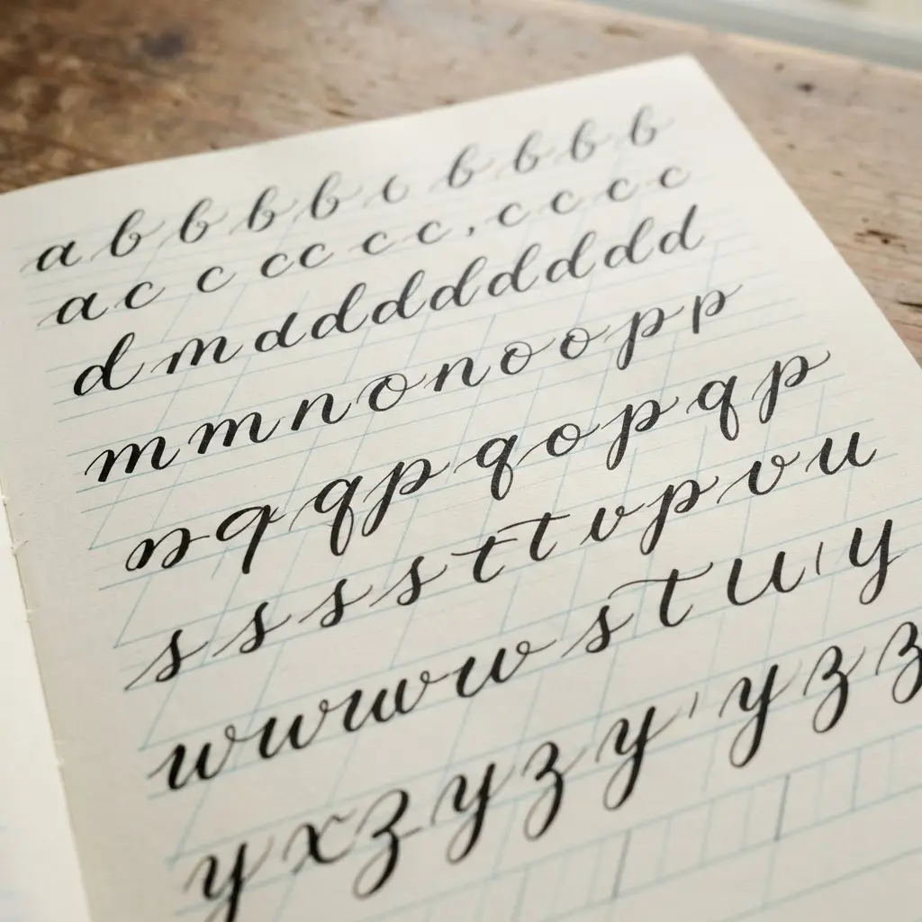Flowing script letters connected with smooth transitions on lined practice paper.
