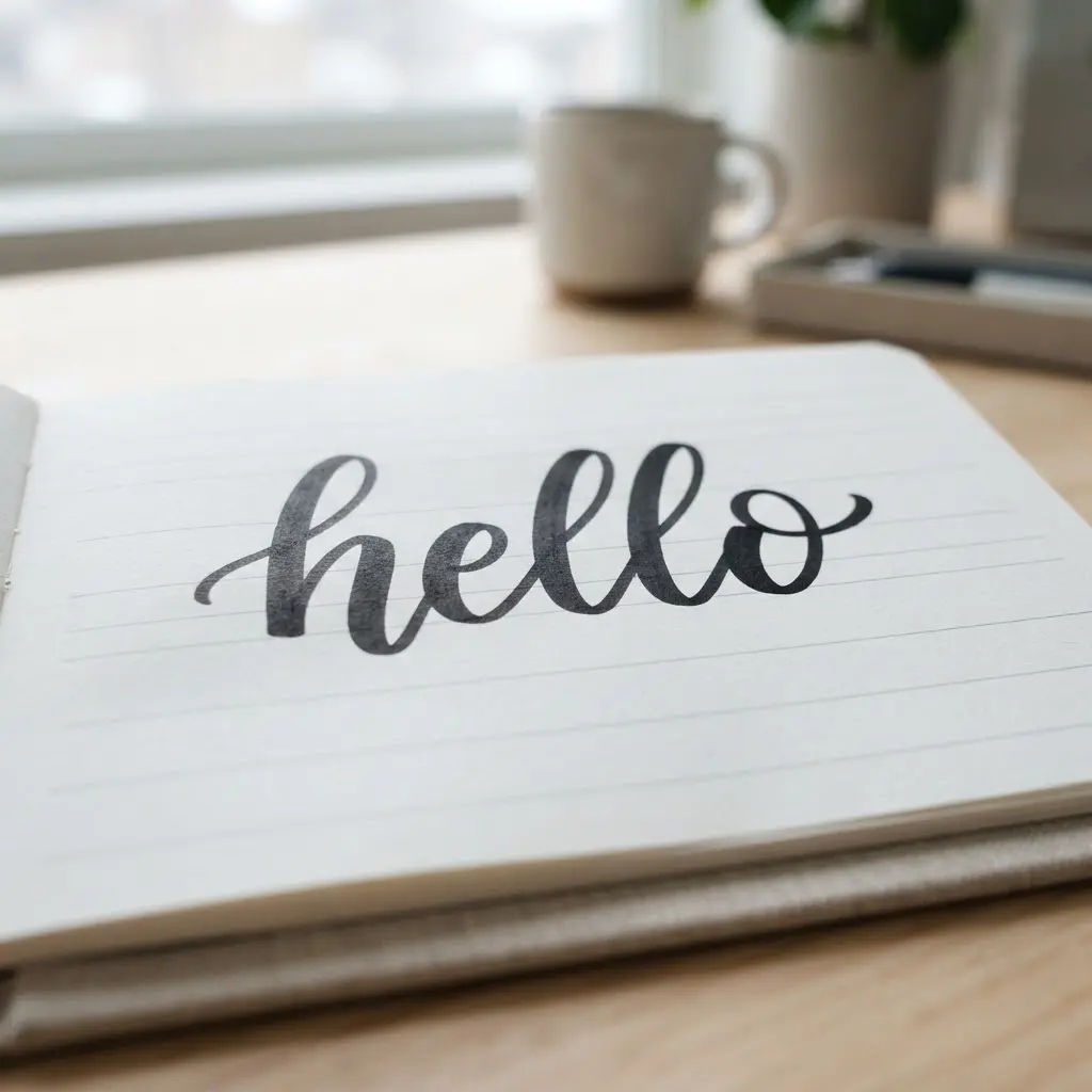 Word 'hello' written in bouncy lettering with varied baseline heights and consistent slant.