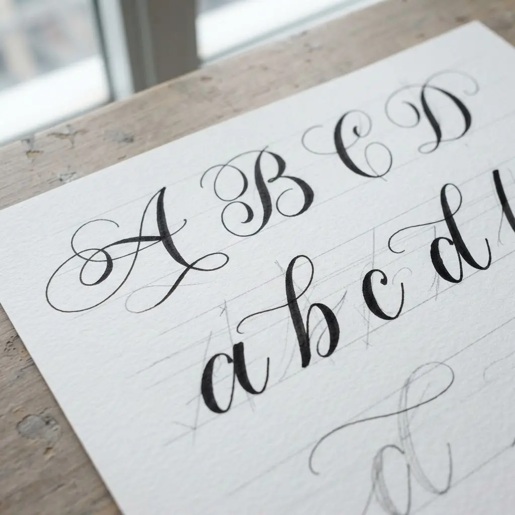 Letters with light, curly flourishes extending from stems and terminals in black ink.