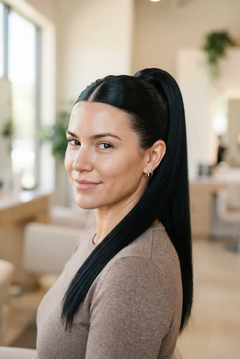 Glossy straight hair gathered into a sleek high ponytail for a polished holiday party hairstyle.