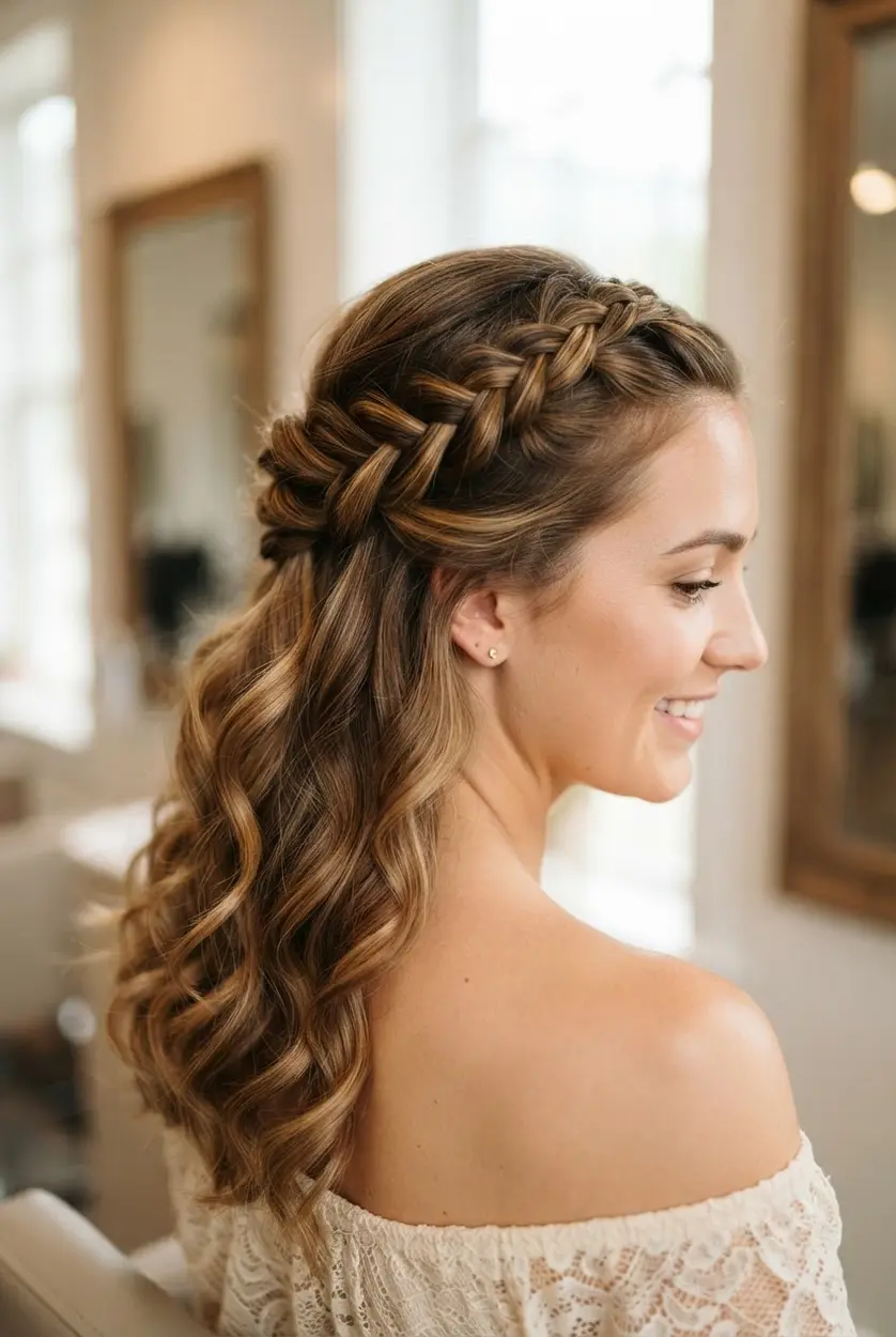 Braided sections join in a half-up twist while the remaining hair falls in soft loose waves.