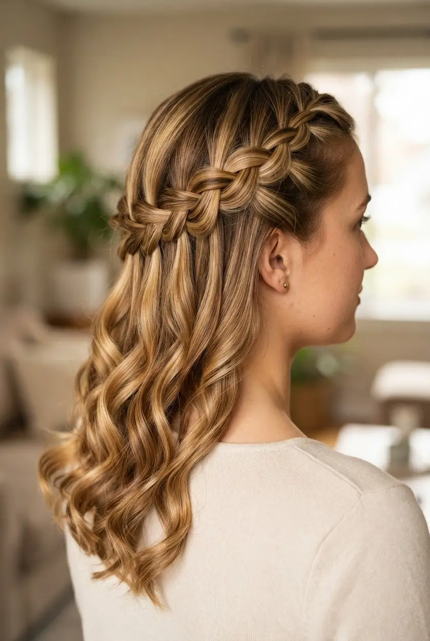 A decorative waterfall braid crosses the side of the head while curled lengths cascade below.