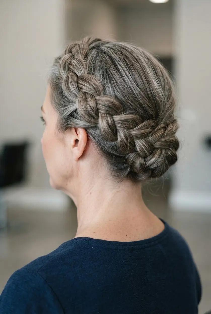 A braided halo circles the head and joins at the back in a neat updo with visible detail.