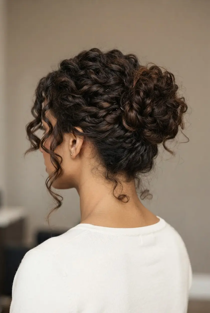 Curly hair is gathered into a relaxed messy updo with loose tendrils and visible natural volume.