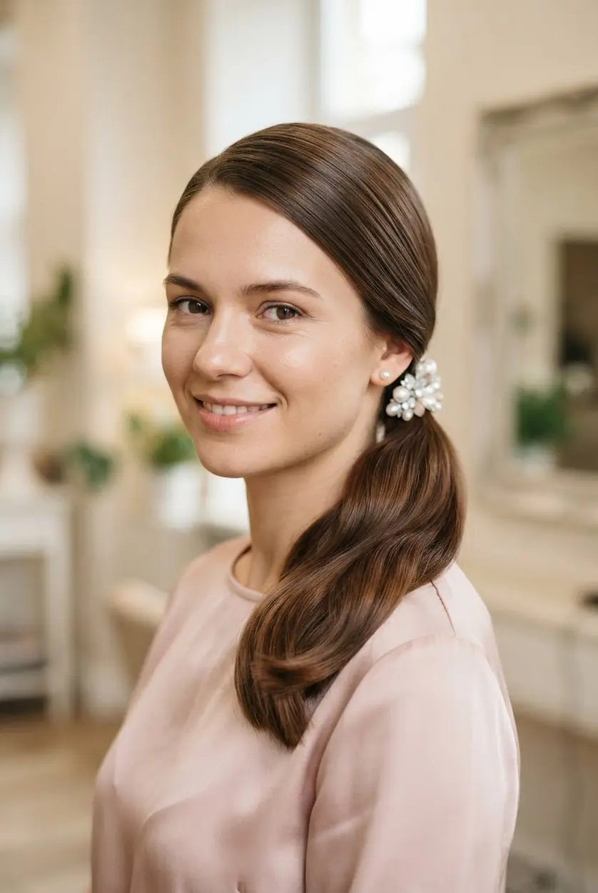 A low side ponytail rests over one shoulder and includes a statement clip near the base.