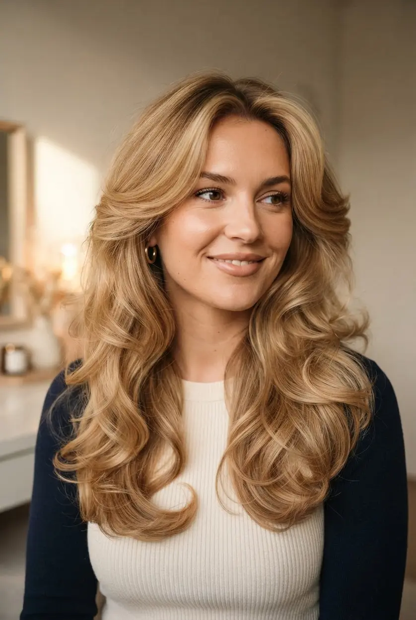 Bouncy blowout waves frame the face with rounded volume and a smooth brushed finish.