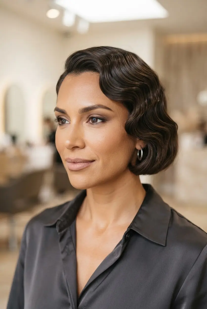 Short bob hair shaped into smooth sculptural finger waves with a defined side part.