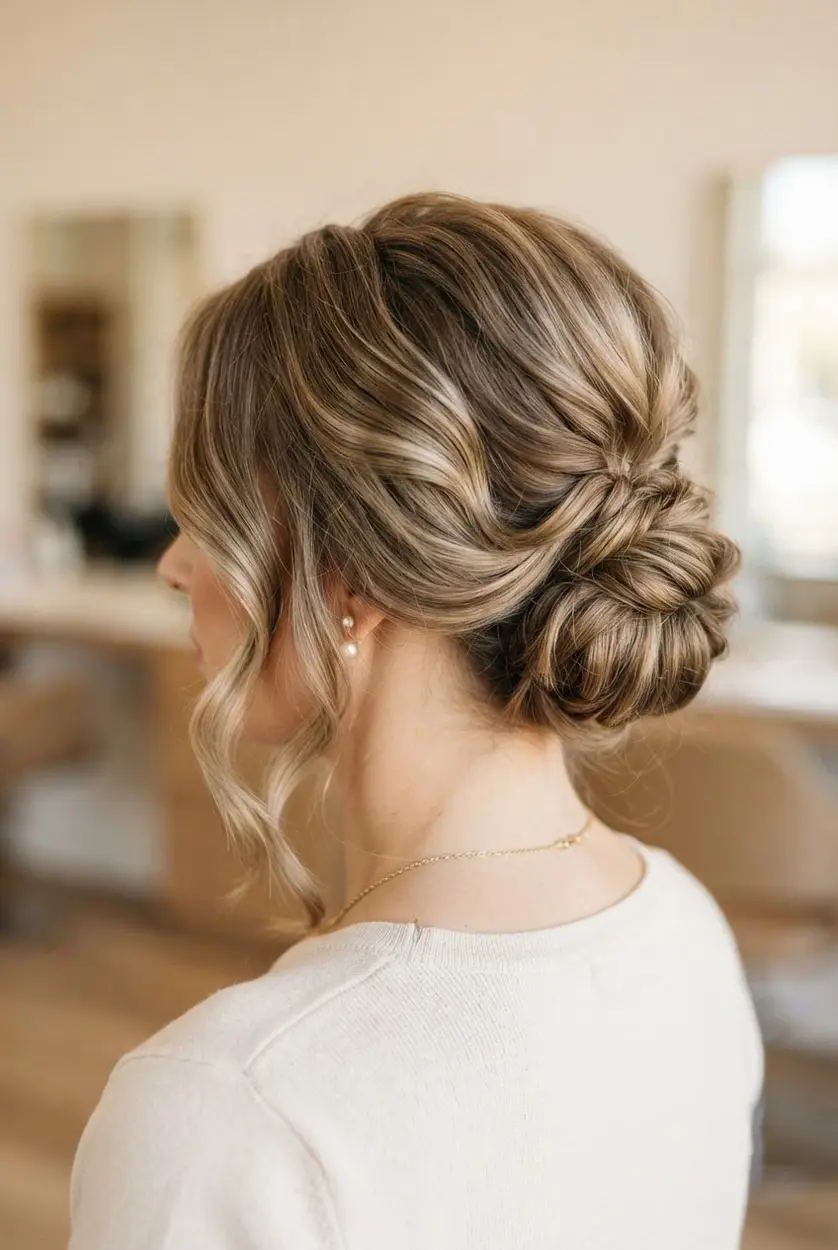 Softly tousled hair gathered into an elegant updo with loose pieces around the face.