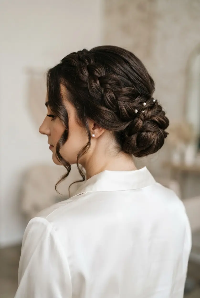 A braided bun sits at the back while two face-framing tendrils soften the holiday party hairstyle.