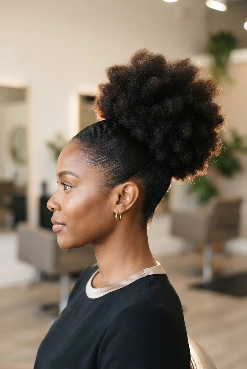 A high puff ponytail creates bold volume above the crown with smooth sides and full texture.