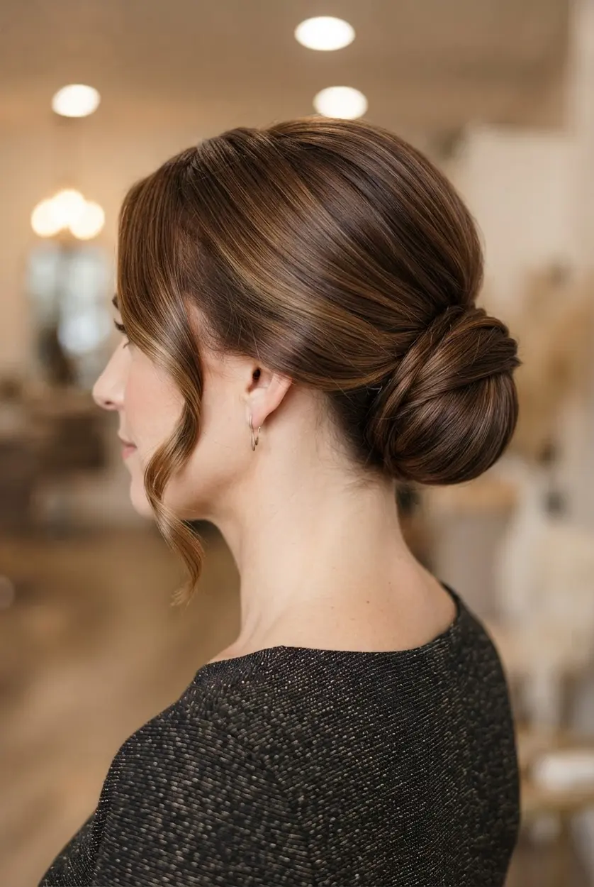 Hair is swept to one side and pinned into a smooth low chignon with a clean finish.