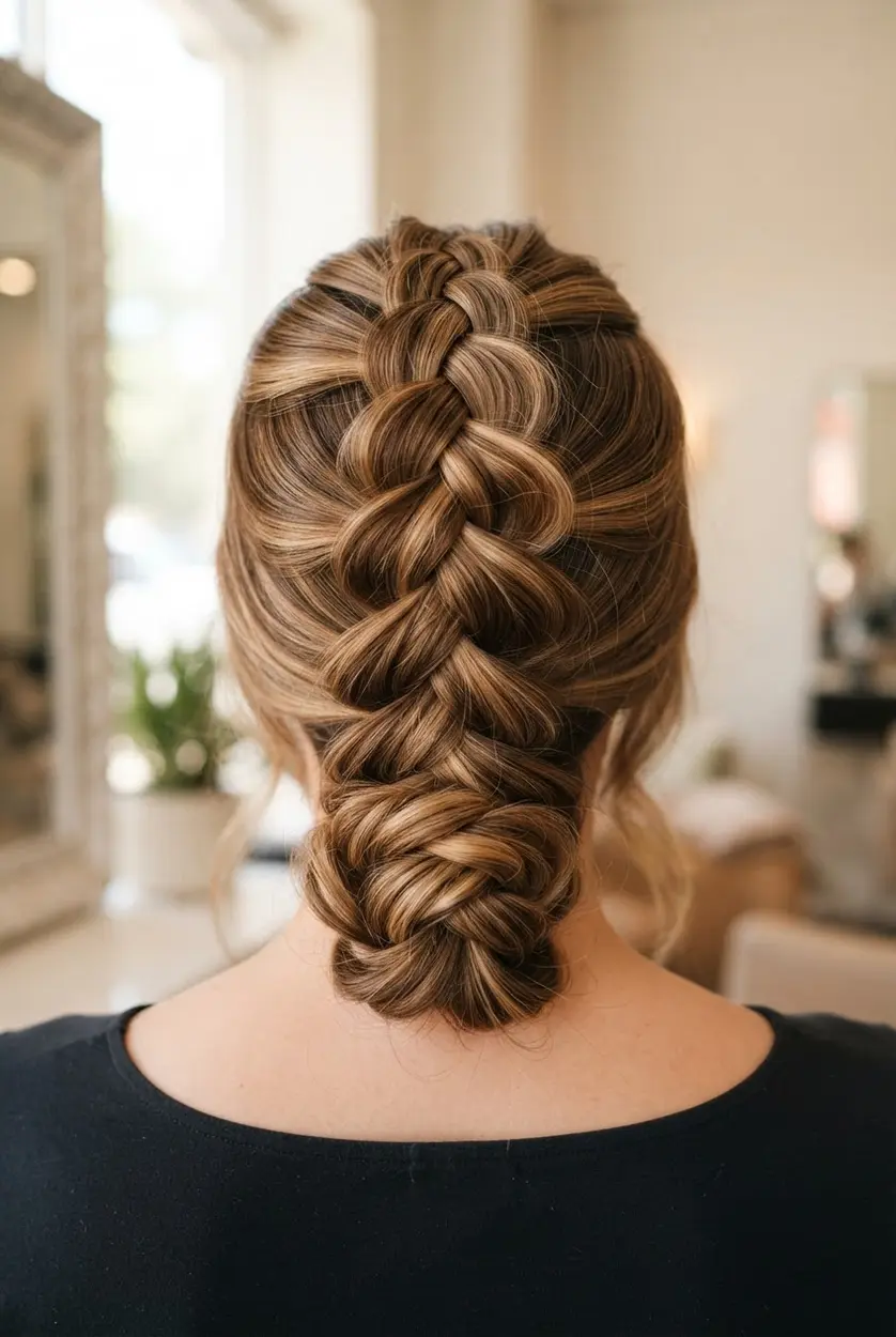 A looped French braid runs along the back of the head with raised sections and textured ends.