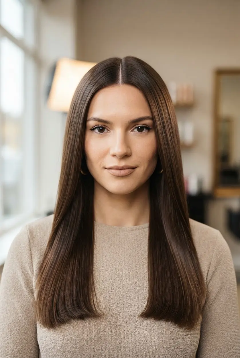 Long straight hair falls evenly from a sharp center part with a smooth glossy finish.