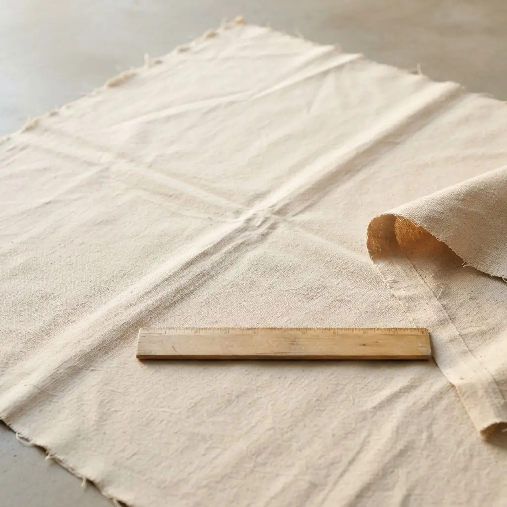 Large cotton canvas spread across a studio floor beside measuring tools and wooden stretcher bars.