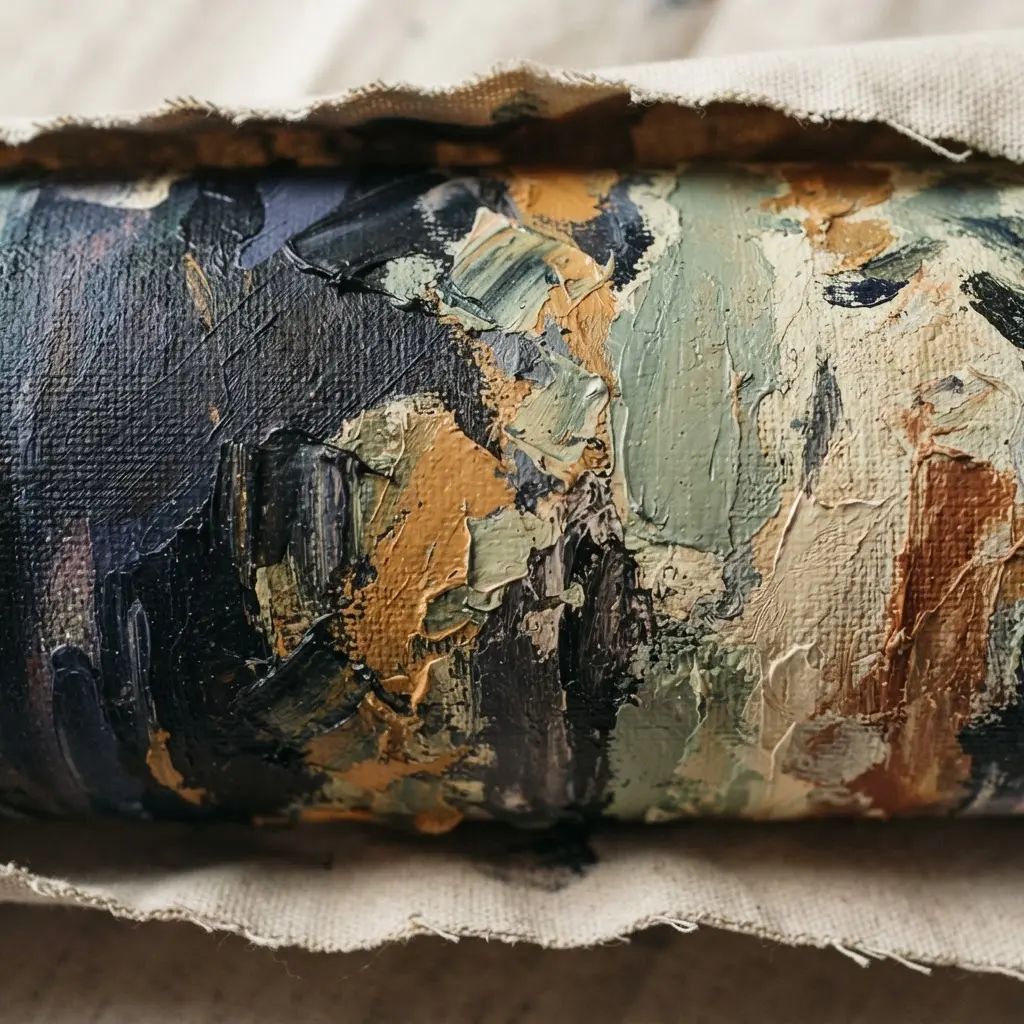 Cotton and linen canvas swatches beside brushes and paint, comparing fibers for How Rolled Canvas Can Work for You.