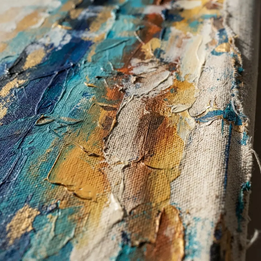 Two canvas panels show a white primed surface and natural unprimed fabric beside acrylic brushes.