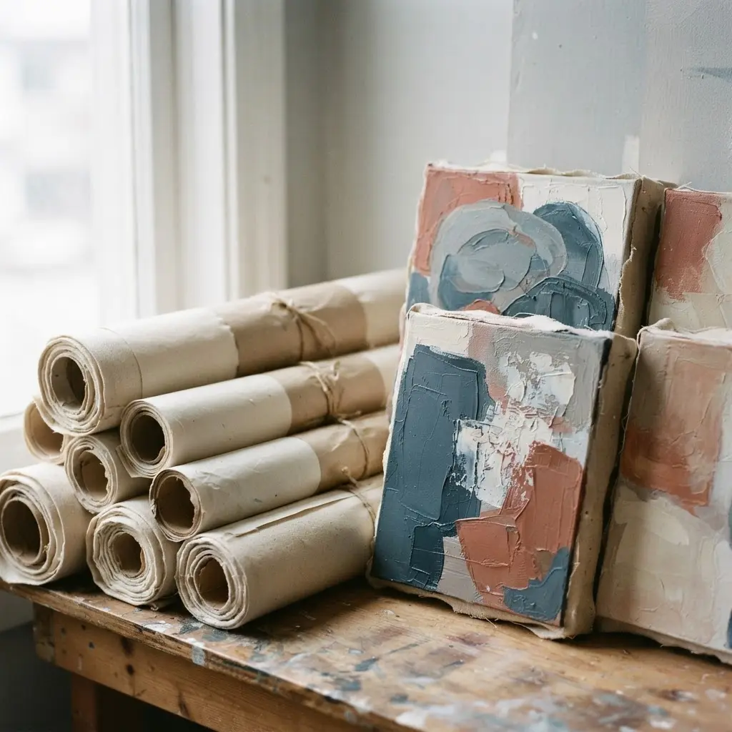Multiple canvas rolls, stretcher bars, and finished paintings arranged neatly in an artist studio.