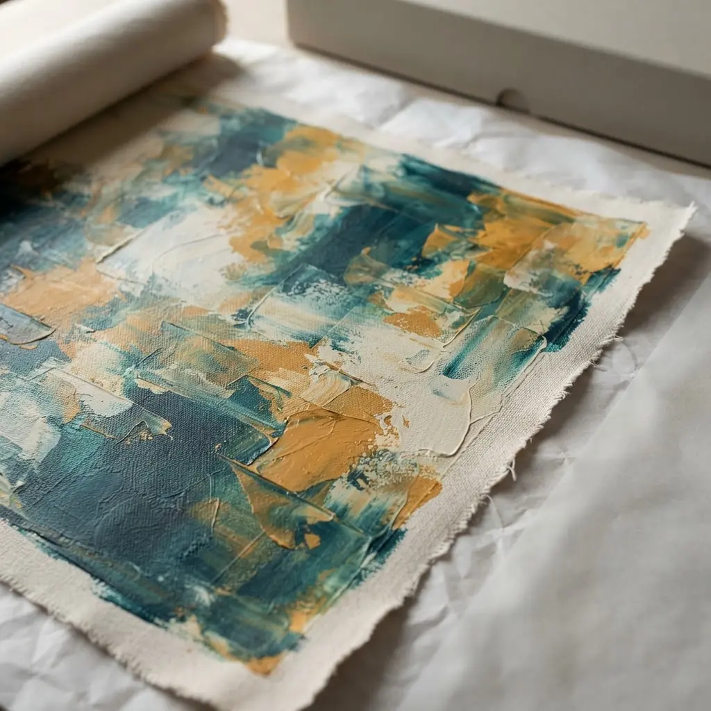Finished acrylic canvas rests with protective paper and archival materials, showing care for How Rolled Canvas Can Work for You.