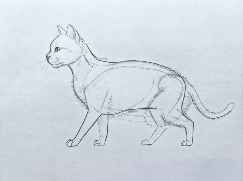 A refined pencil cat shows clean contours, eyes, nose, mouth, whiskers, legs, and tail.