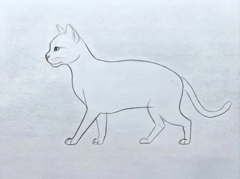 Black ink traces the refined cat outline, facial features, legs, whiskers, and tail.