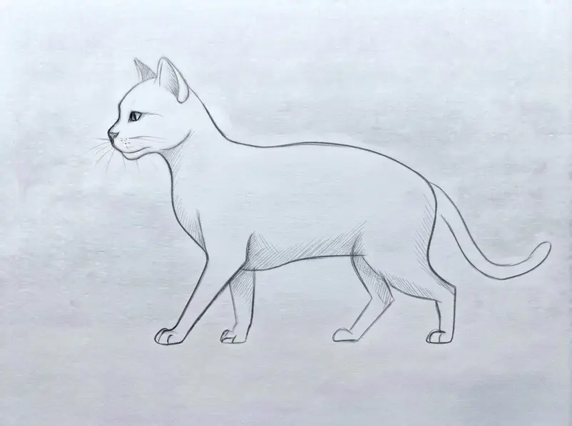 The finished inked cat has soft pencil shading around its eyes, chin, body, legs, and tail.