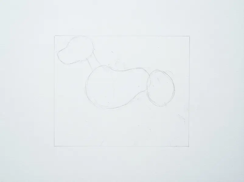 Light pencil center lines mark the dog’s pose and facial direction on clean white drawing paper.